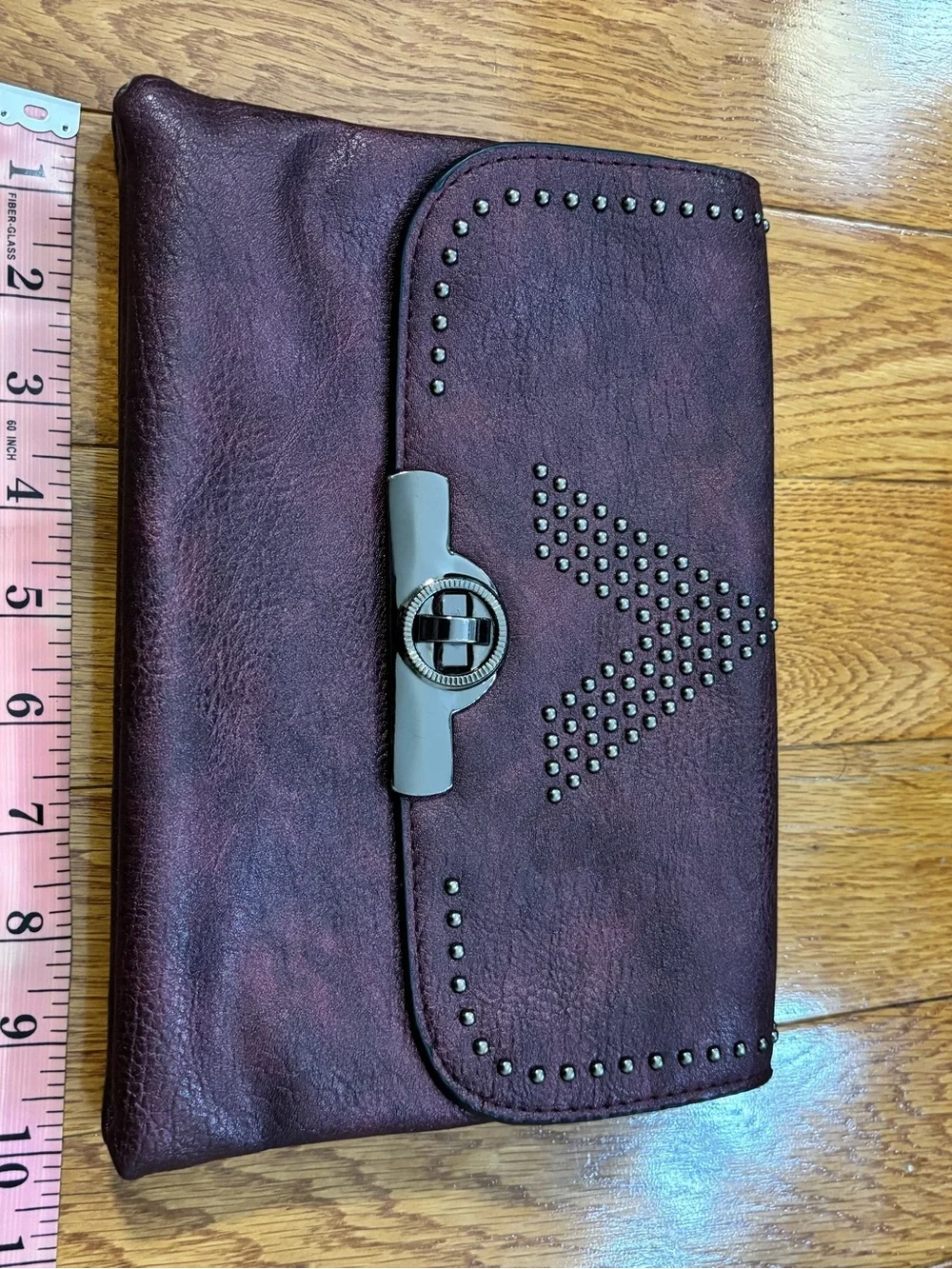 Studded Plum Leather Clutch with Turn-Lock Closure